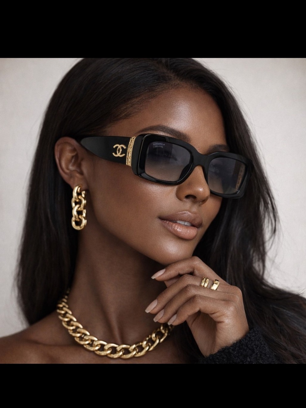 CHANEL Rectangular Sunglasses with Gold Logo Accents 5534-a